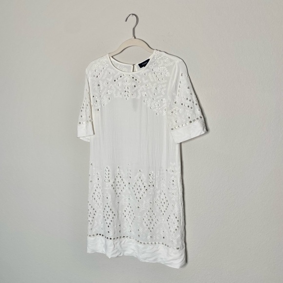 Theory Idetteah Embroidered Cut Out Ghost Crepe Shift Dress Ivory - Picture 5 of 10